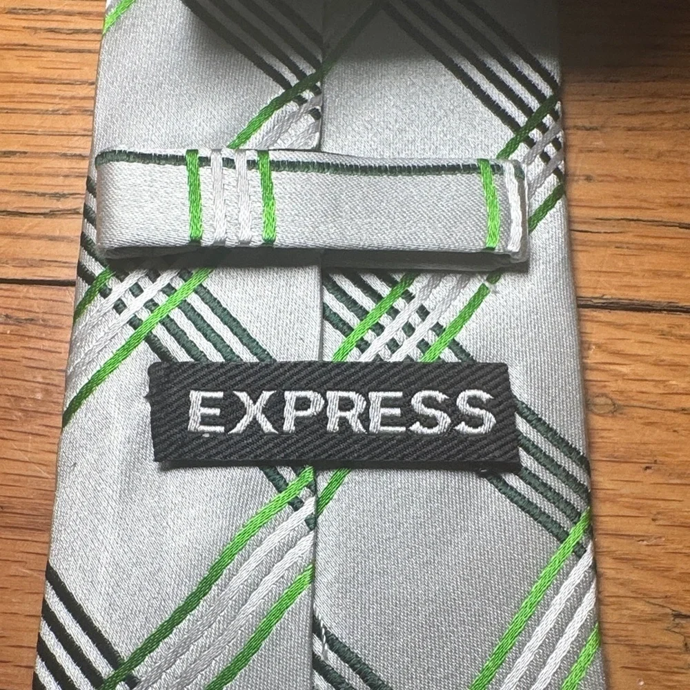 Express Silver and Green Checkered Silk Tie